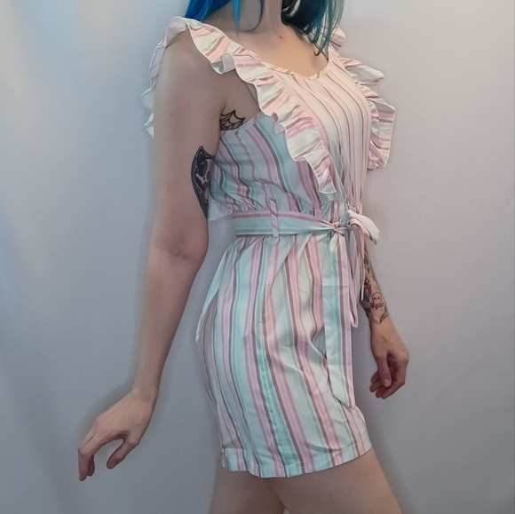 Pastel Pinks & Aqua Striped Ruffle Romper. - Picture 2 of 5